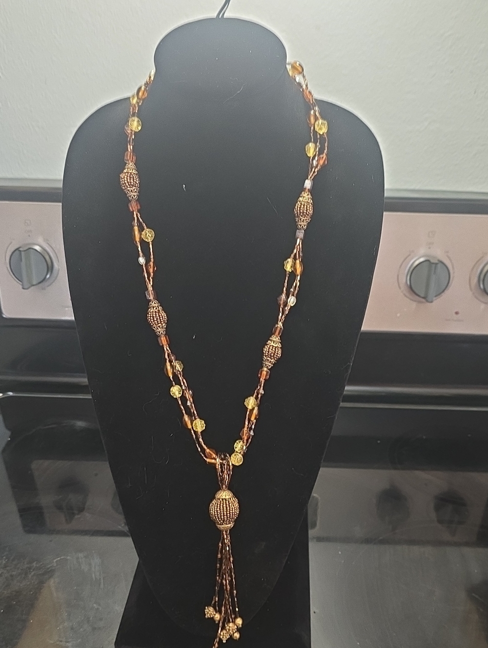 Chico's Elegant Brown and Gold Beaded Tassel Necklace - Women Jewelry 26"